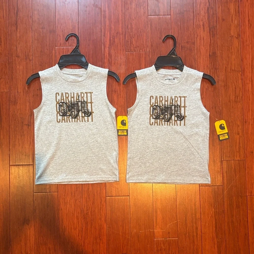 NWT 2x Carhartt Kids 5T Tractor Graphic Light Gray Matching Tank Tops - Picture 1 of 5